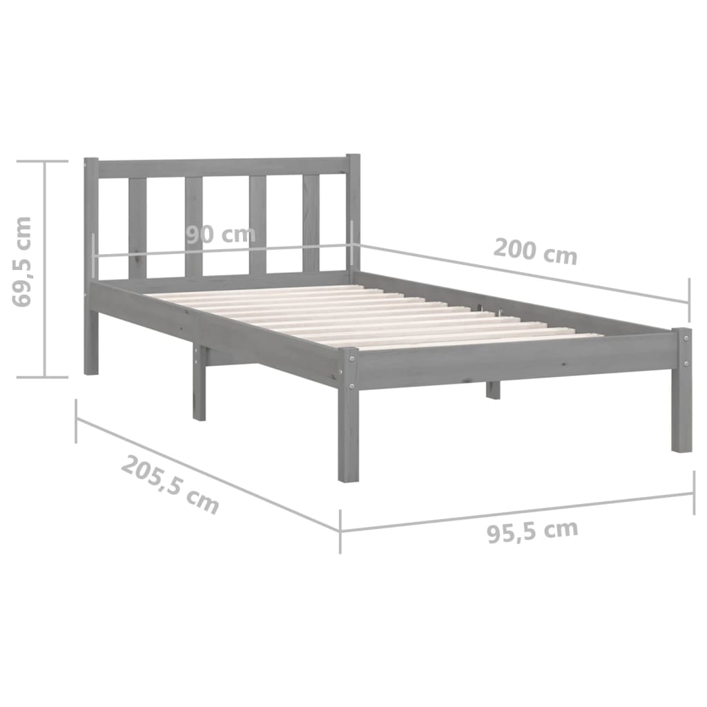 vidaXL Rama łóżka, szara, lite drewno sosnowe, 90 x 200 cm