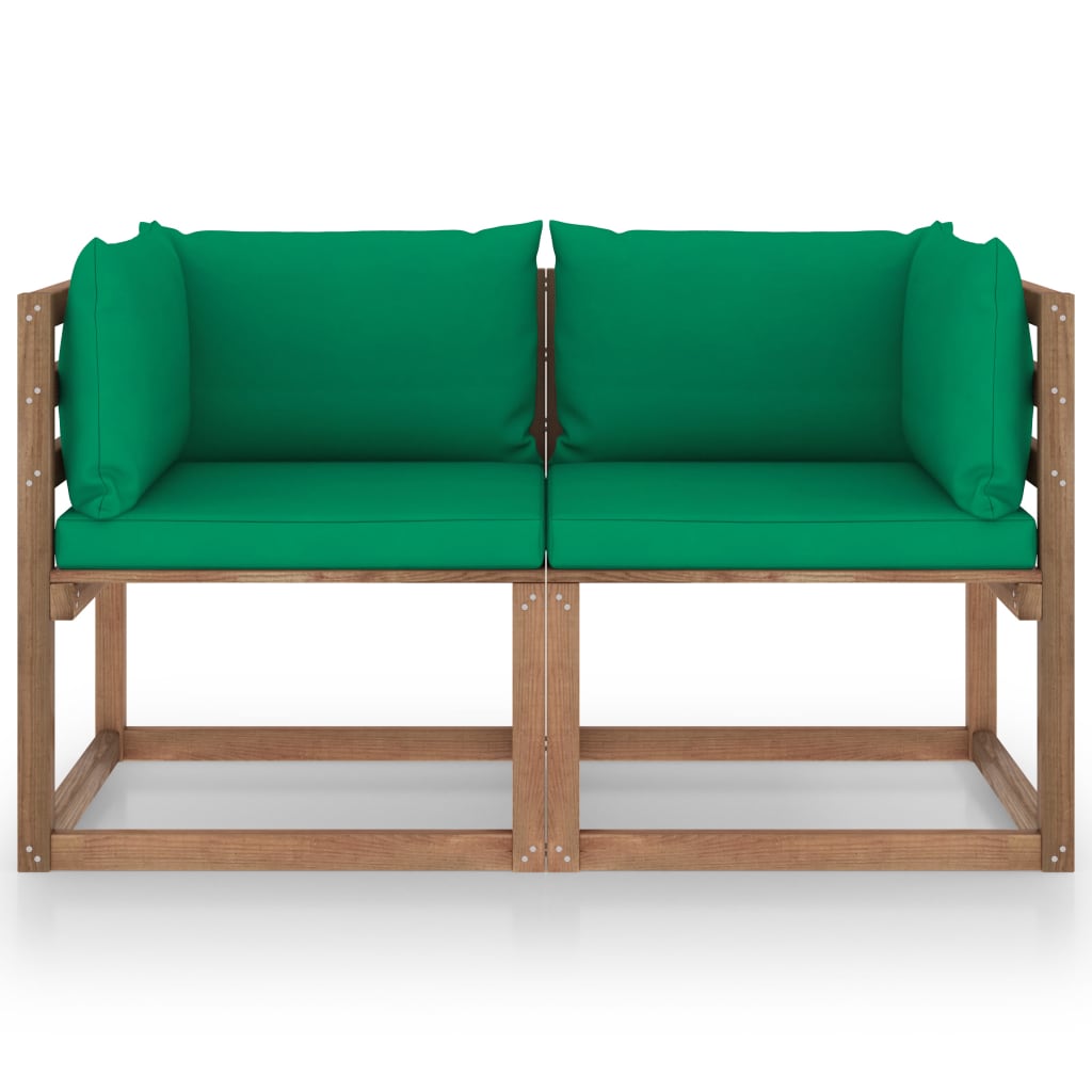 vidaXL Ogrodowa sofa 2-os. z palet, z zielonymi poduszkami, sosna