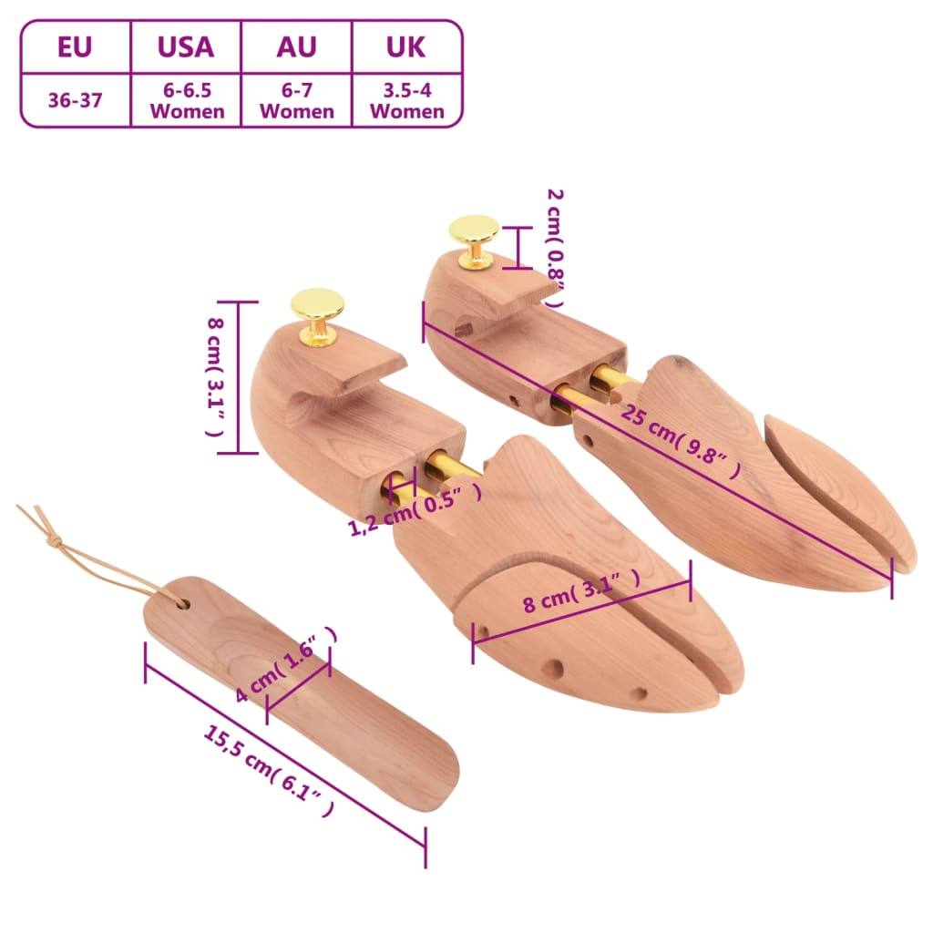 vidaXL Prawidła do butów z łyżką, EU 36-37, lite drewno cedrowe