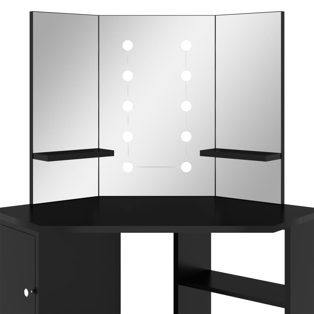 vidaXL Toaletka narożna z lampkami LED, czarna, 111 x 54 x 141,5 cm