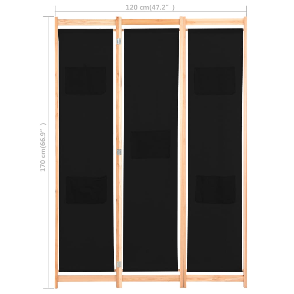 vidaXL Parawan 3-panelowy, czarny, 120x170x4 cm, tkanina