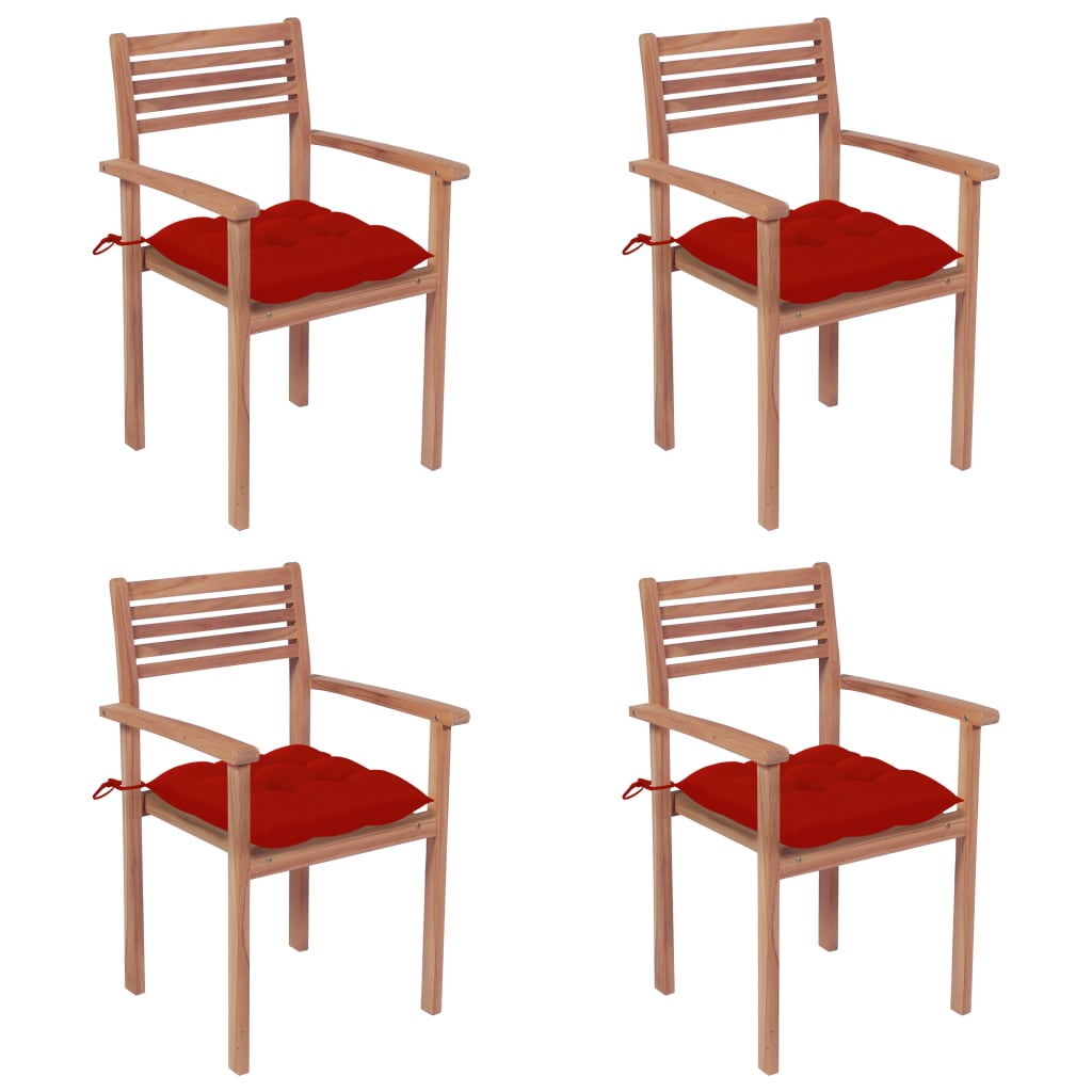 vidaXL Krzesła ogrodowe, 4 szt., czerwone poduszki, drewno tekowe