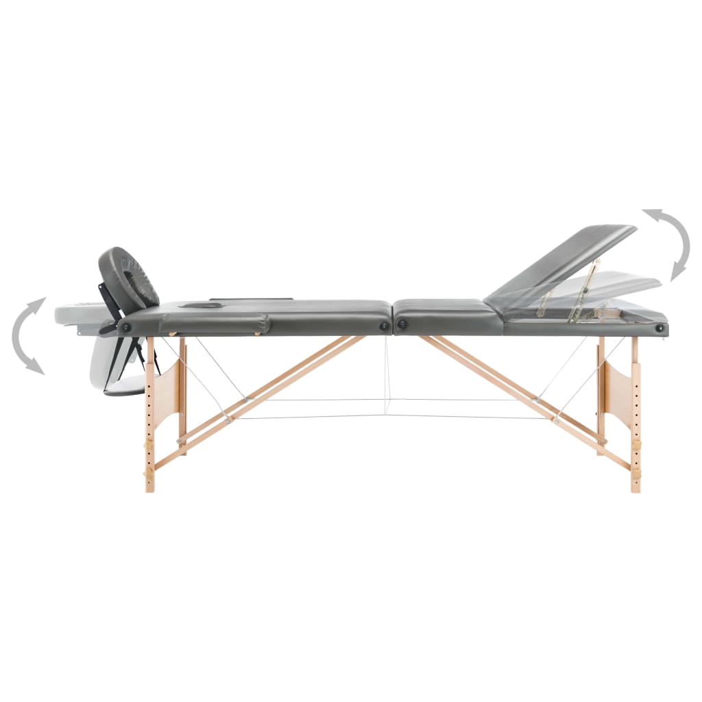 vidaXL Stół do masażu, 3-strefowy, drewniana rama, antracyt, 186x68 cm