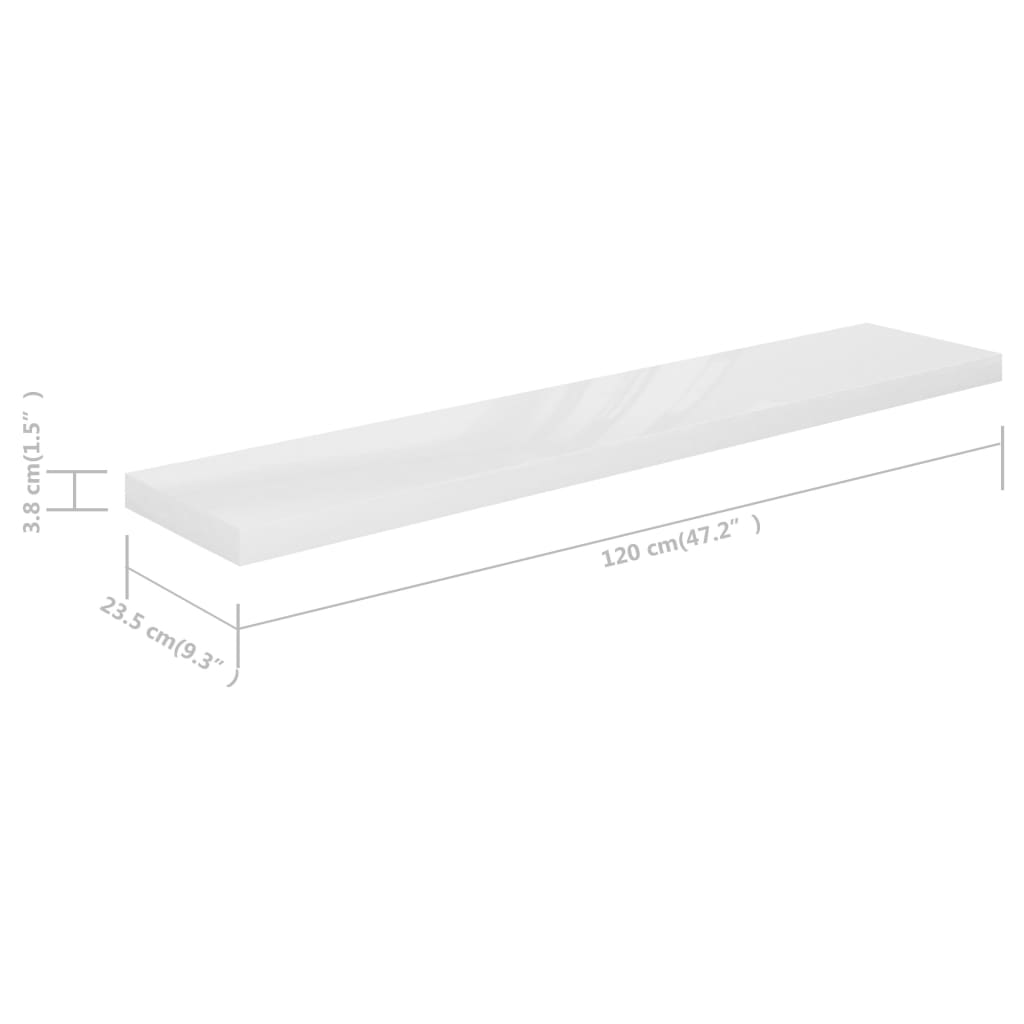 vidaXL Półki ścienne 2 szt., wysoki połysk, biel, 120x23,5x3,8 cm, MDF