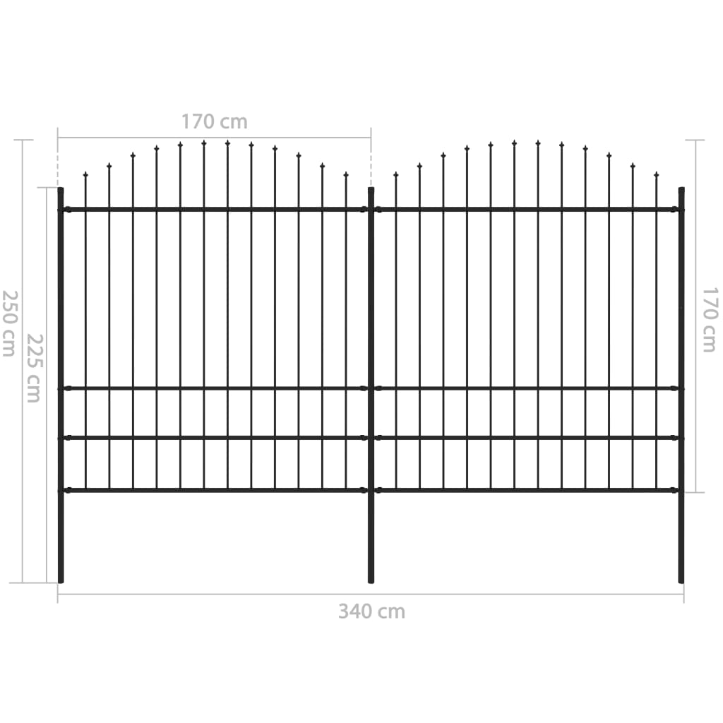 vidaXL Panele ogrodzeniowe z grotami, stal, (1,75-2) x 3,4 m, czarne