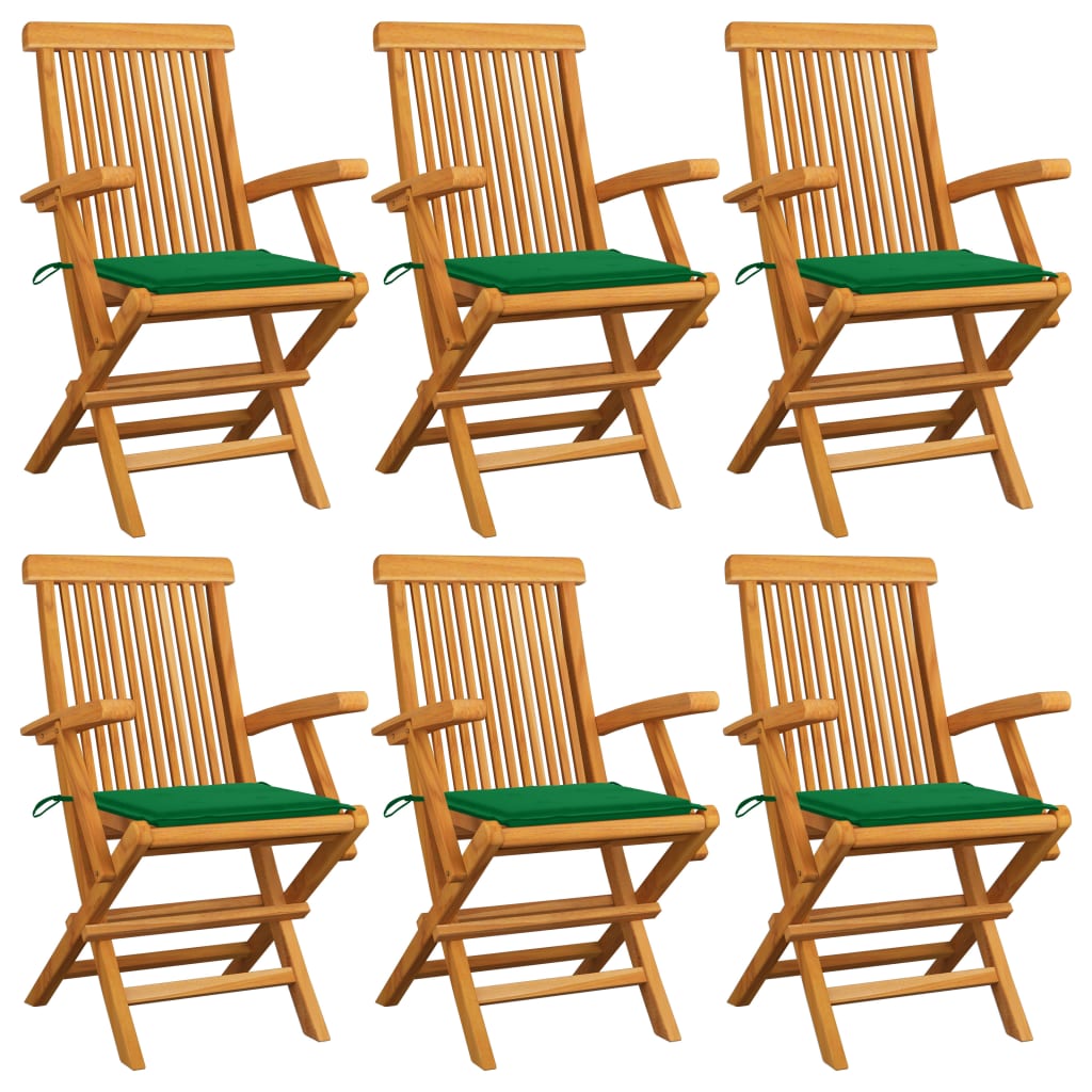 vidaXL Krzesła ogrodowe z zielonymi poduszkami, 6 szt., drewno tekowe