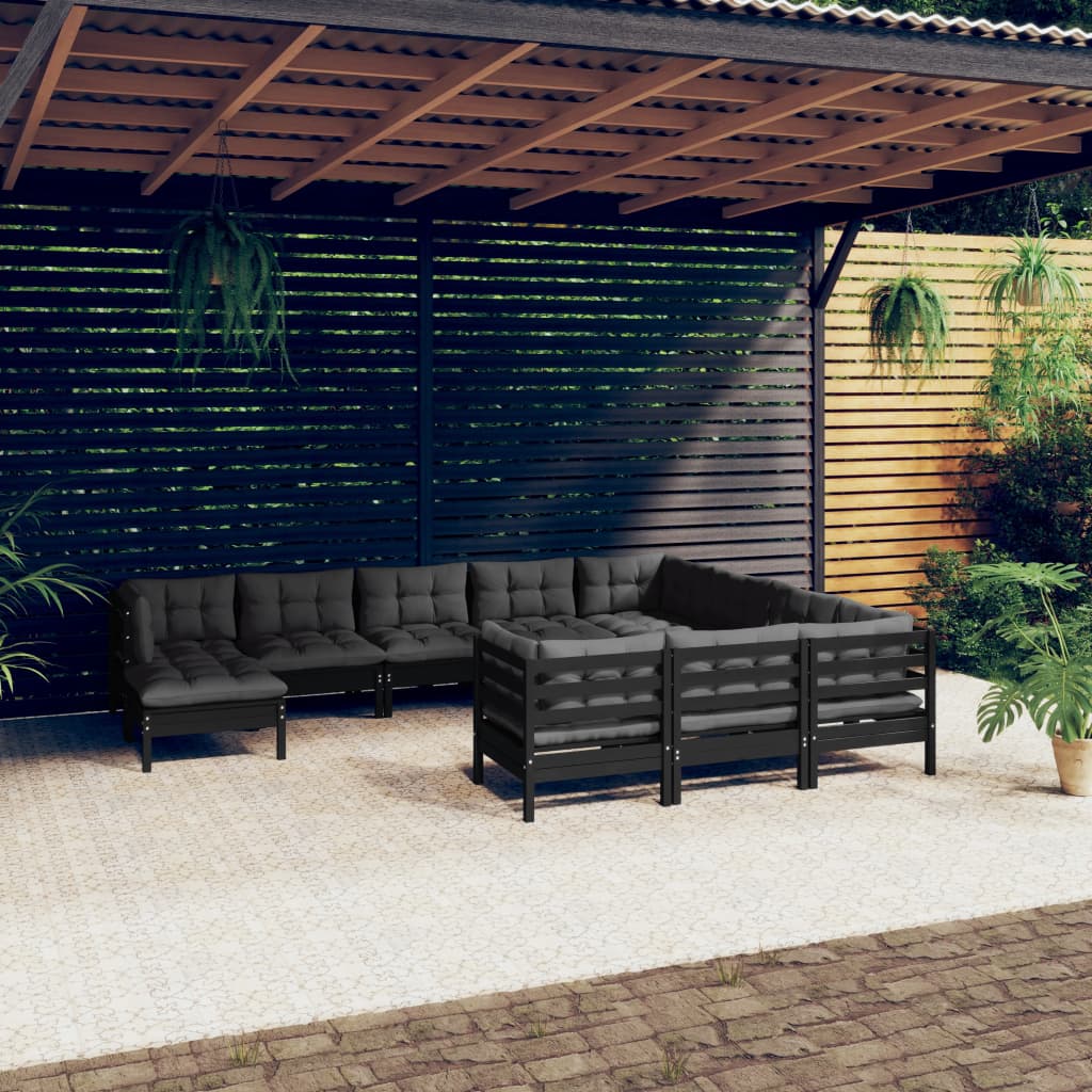 vidaXL 11-cz. zestaw wypoczynkowy do ogrodu, z poduszkami, czarny