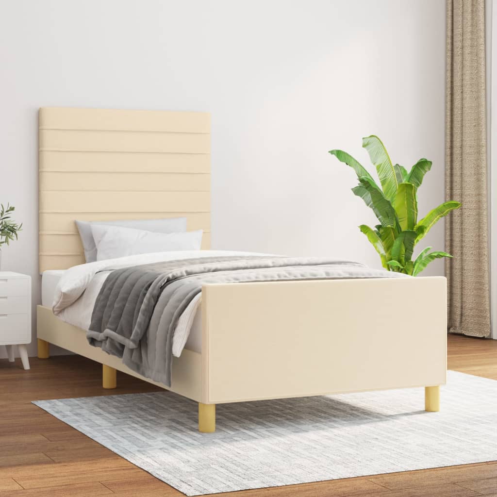 vidaXL Rama łóżka z zagłówkiem, kremowa, 90x200 cm, obita tkaniną