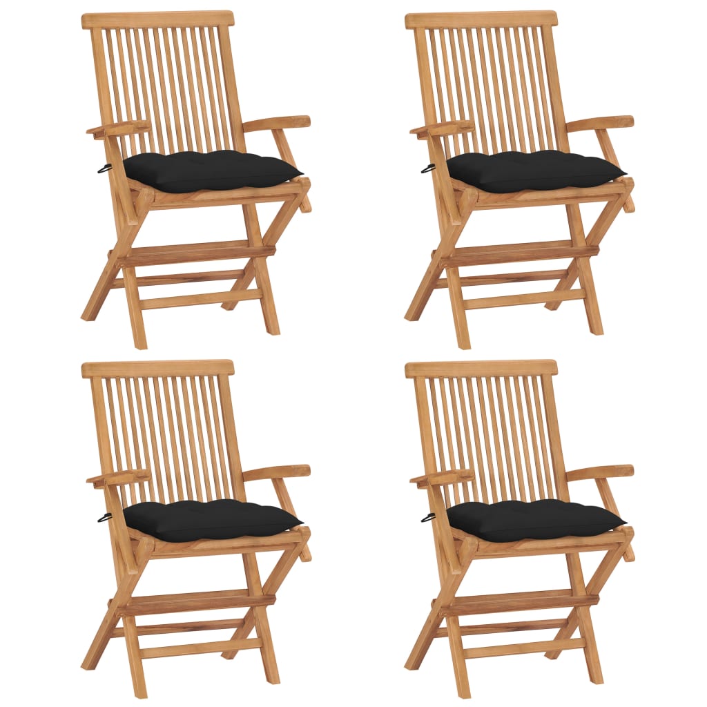 vidaXL Krzesła ogrodowe z czarnymi poduszkami, 4 szt., drewno tekowe