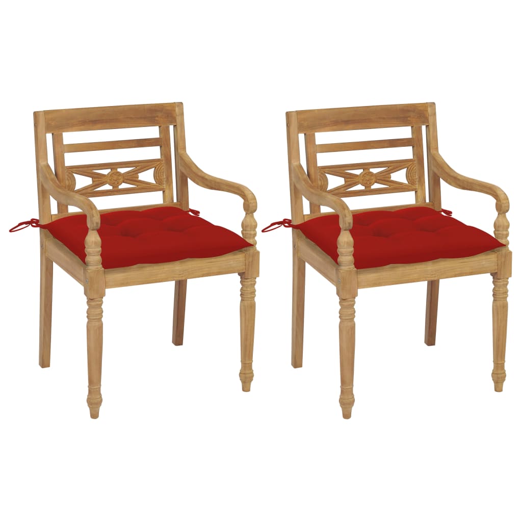 vidaXL Krzesła Batavia z czerwonymi poduszkami, 2 szt., drewno tekowe