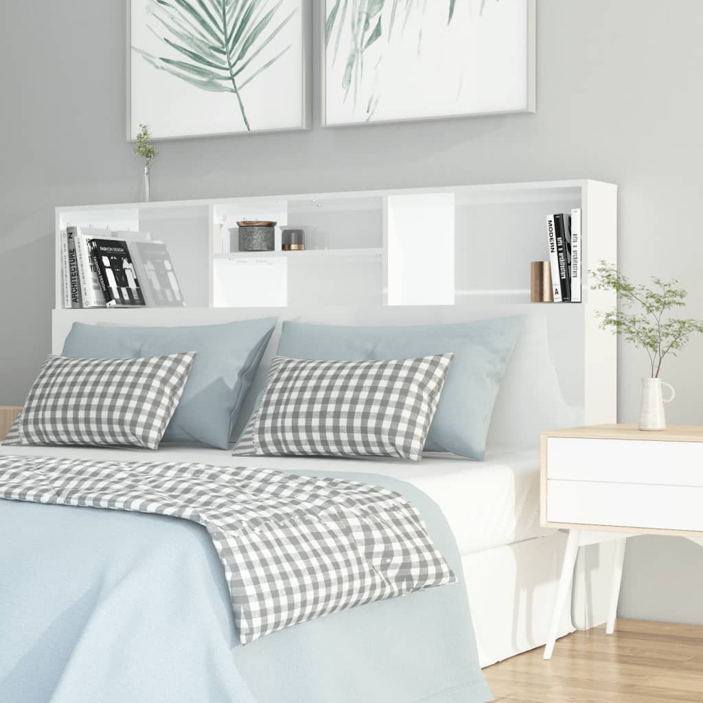 vidaXL Wezgłowie łóżka z półkami, biel z połyskiem, 160x19x103,5 cm