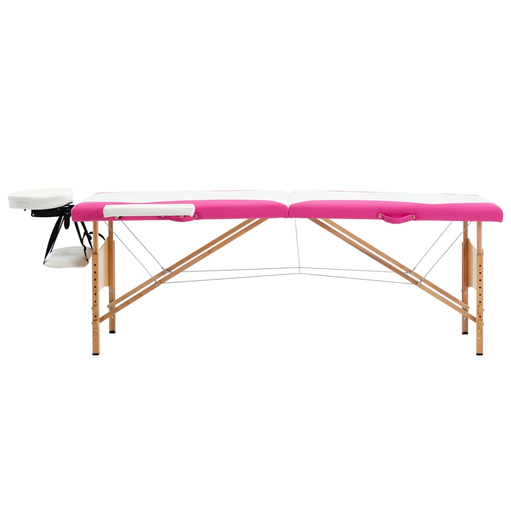 vidaXL Składany stół do masażu, 2-strefowy, drewniany, biało-różowy