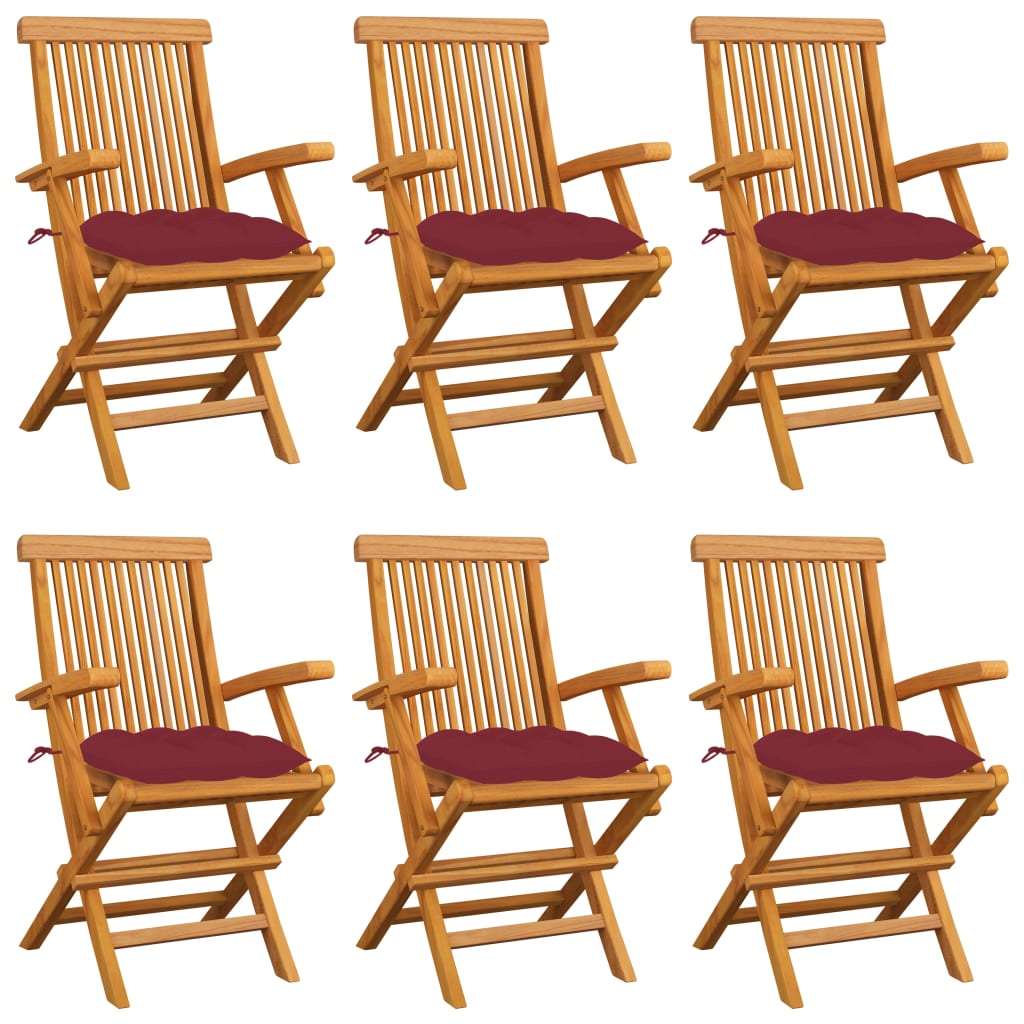 vidaXL Krzesła ogrodowe, czerwone poduszki, 6 szt., drewno tekowe
