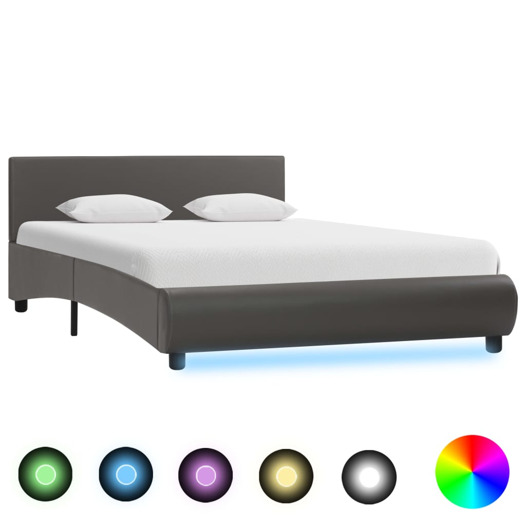 vidaXL Rama łóżka z LED, szara, sztuczna skóra, 140 x 200 cm