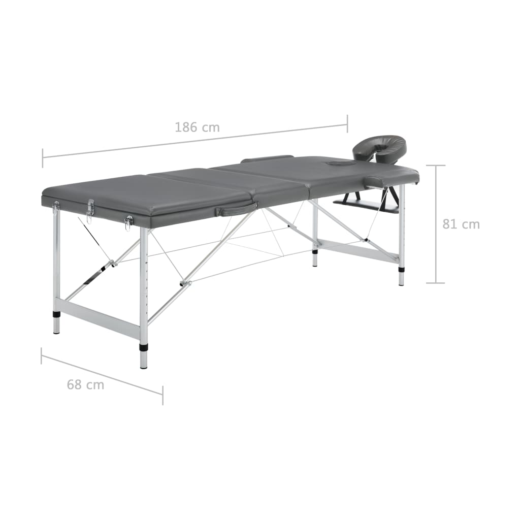 vidaXL Stół do masażu, 3 strefy, rama z aluminium, antracyt, 186x68cm