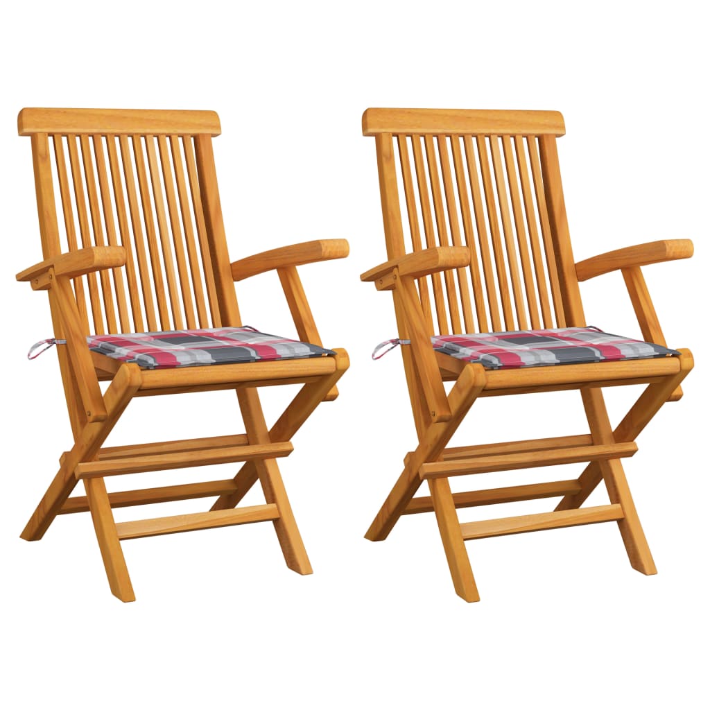 vidaXL Krzesła ogrodowe z poduszkami w czerwoną kratę, 2 szt., tekowe