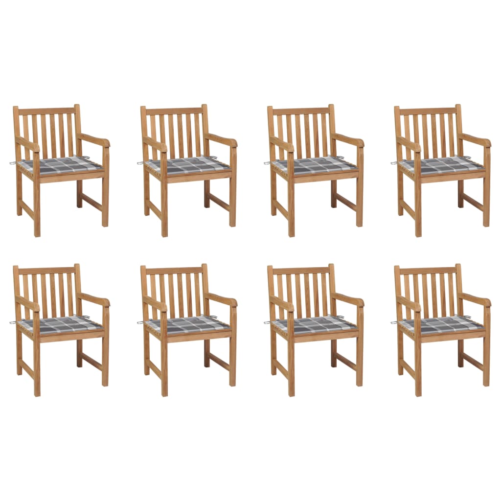 vidaXL Krzesła ogrodowe, 8 szt., z poduszkami w szarą kratkę, tekowe