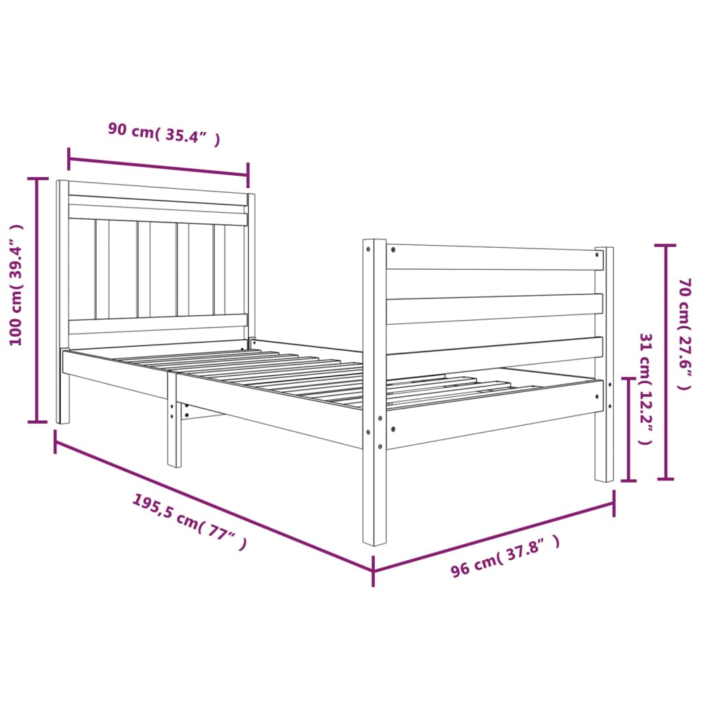 vidaXL Rama łóżka, biała, 90x190 cm, lite drewno