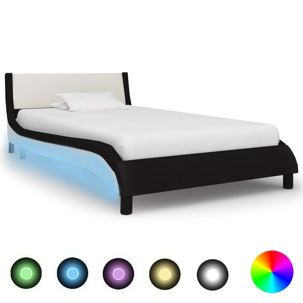 vidaXL Rama łóżka LED, czarno-biała, sztuczna skóra, 90 x 200 cm