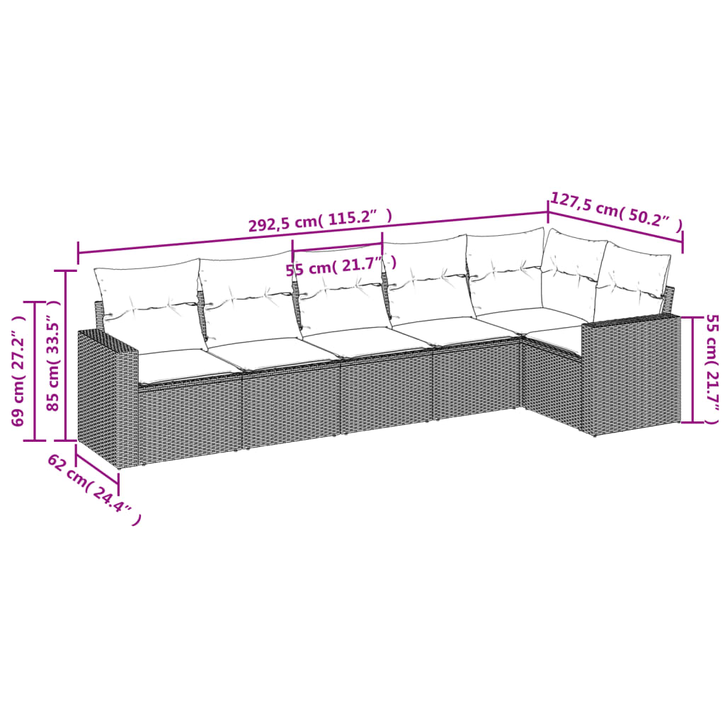 vidaXL 6-cz. zestaw mebli ogrodowych z poduszkami, szary, polirattan