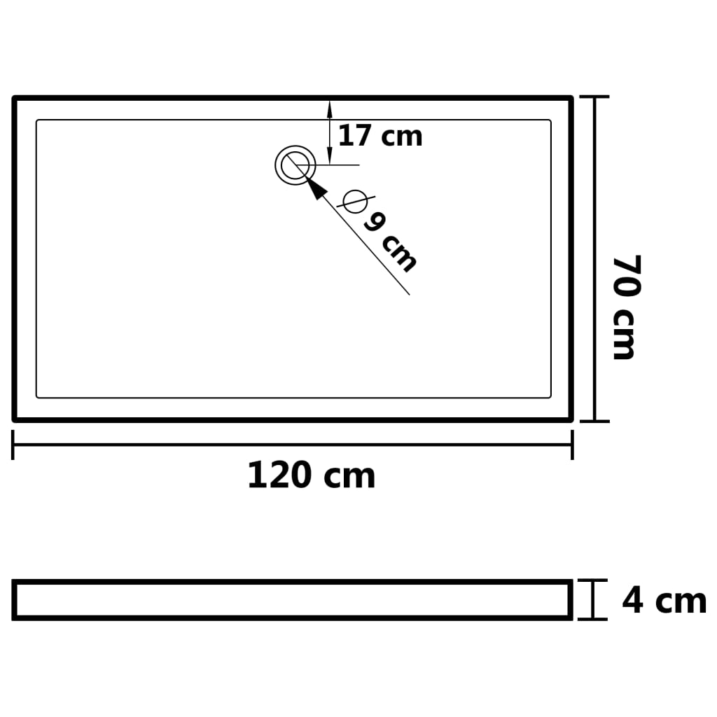 vidaXL Prostokątny brodzik prysznicowy, ABS, czarny, 70x120 cm