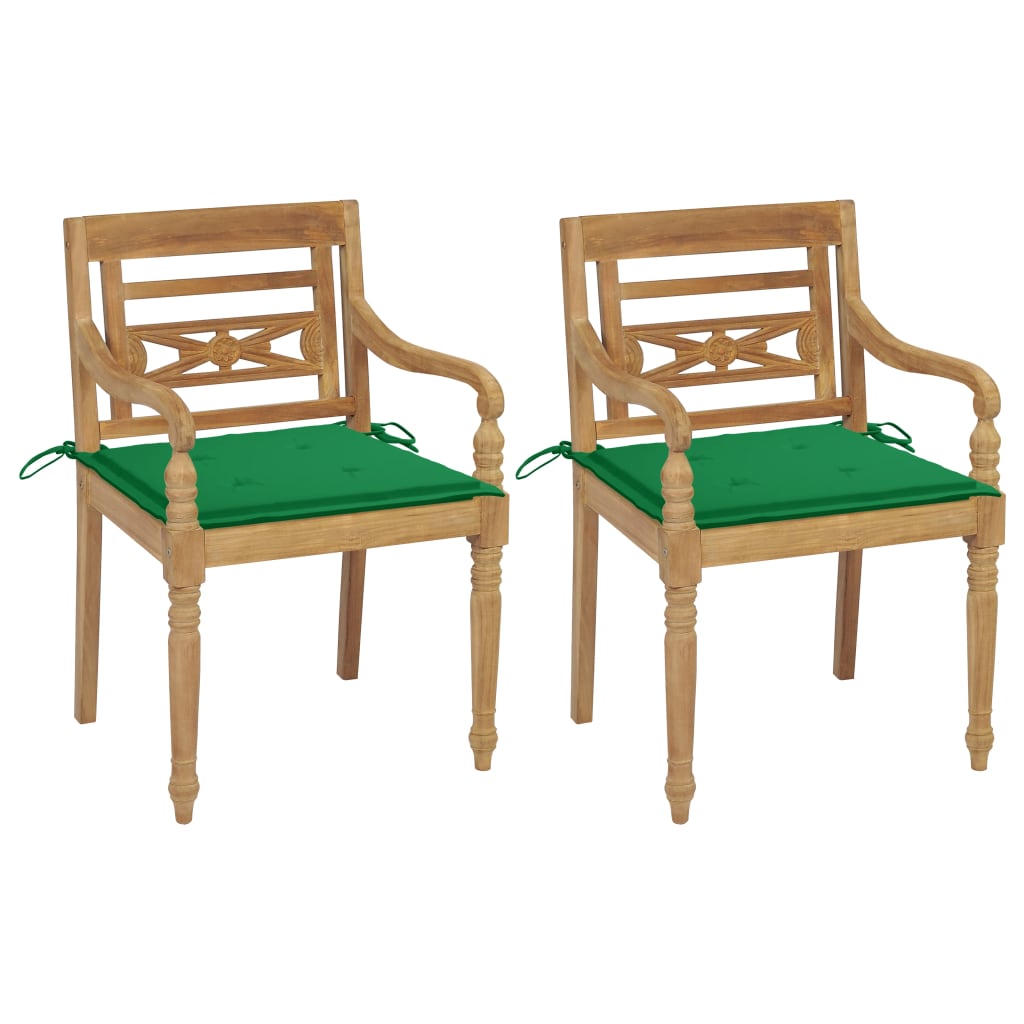 vidaXL Krzesła Batavia z zielonymi poduszkami, 2 szt., drewno tekowe