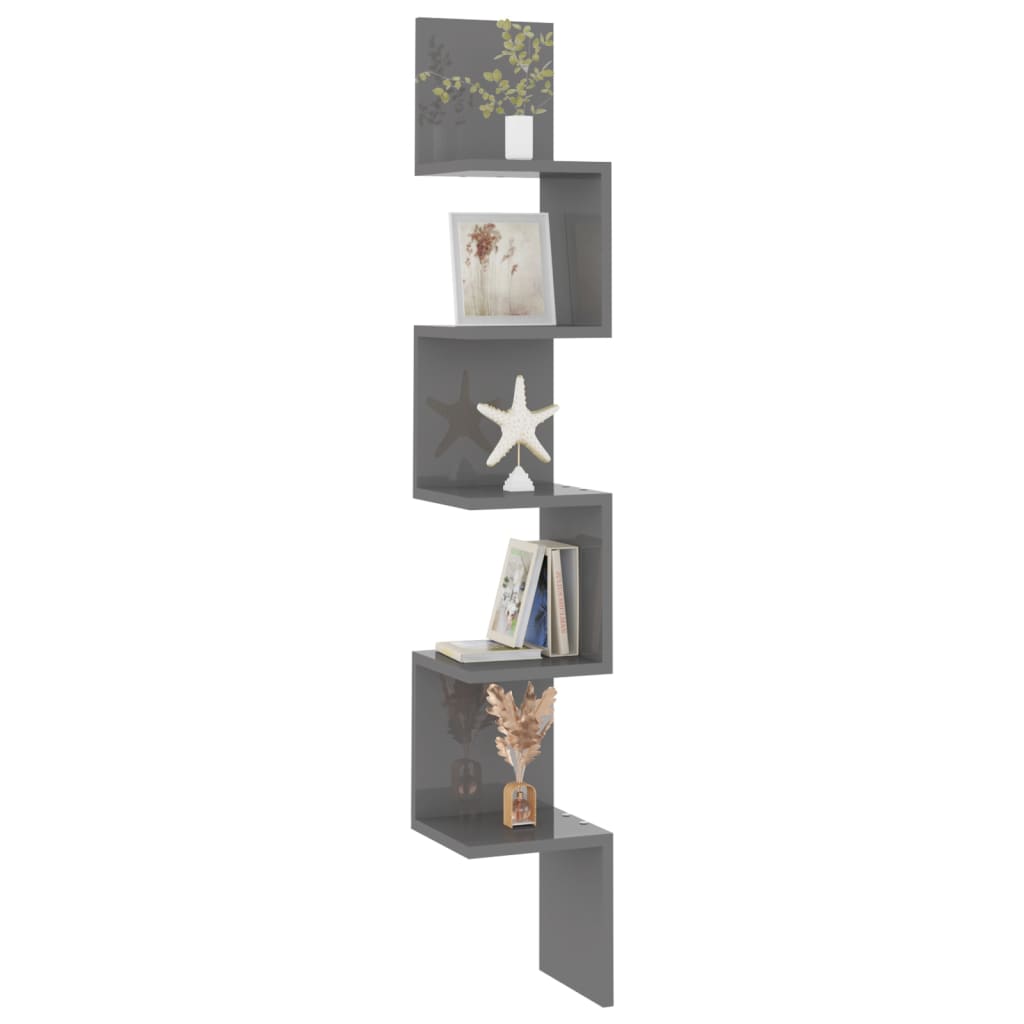 vidaXL Narożna półka ścienna, szara, wysoki połysk, 20x20x127,5 cm