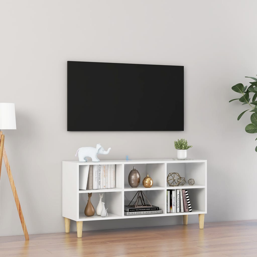 vidaXL Szafka TV z drewnianymi nóżkami, biała, połysk, 103,5x30x50 cm