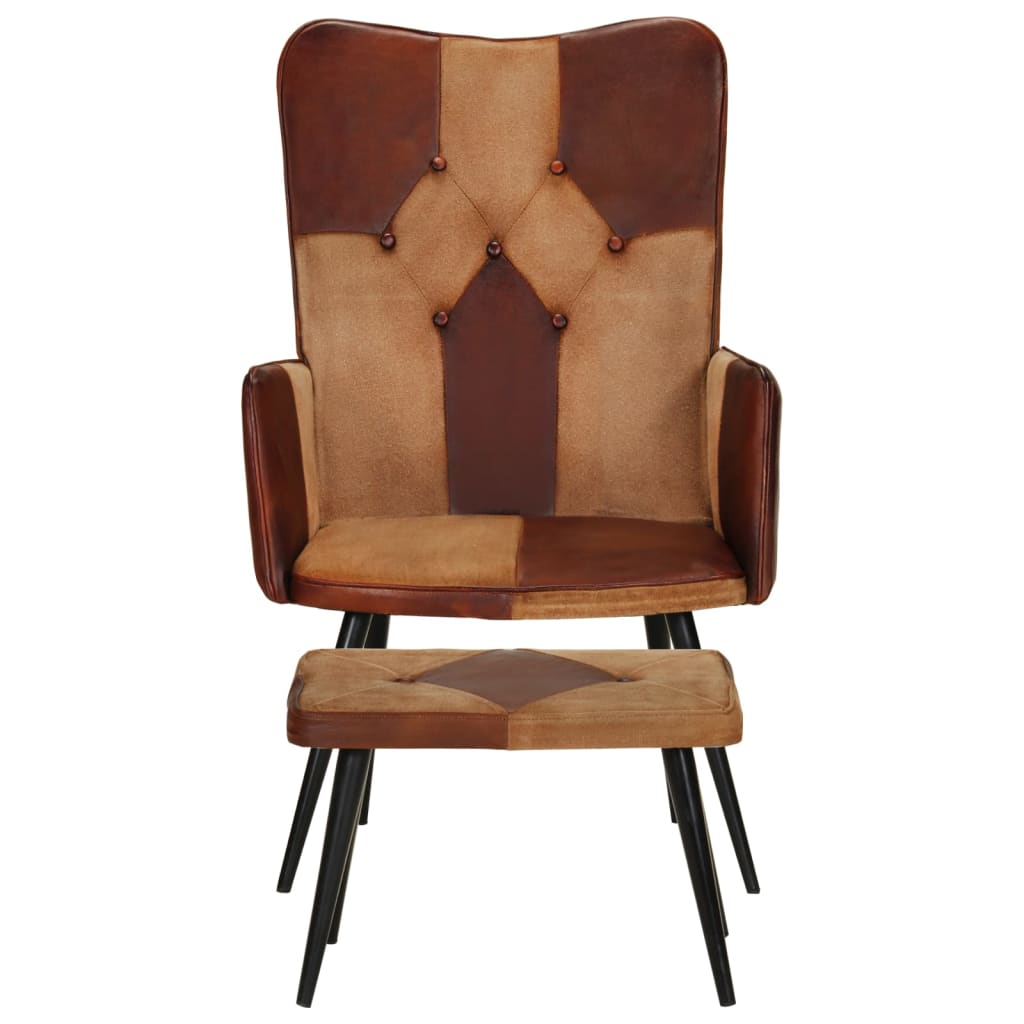 vidaXL Fotel z podnóżkiem, brązowy, naturalna skóra i płótno