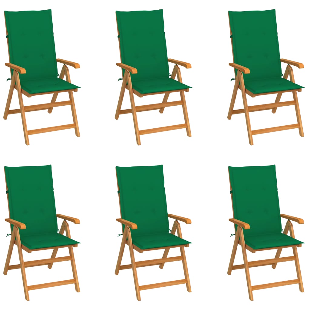 vidaXL Krzesła ogrodowe, 6 szt., zielone poduszki, drewno tekowe