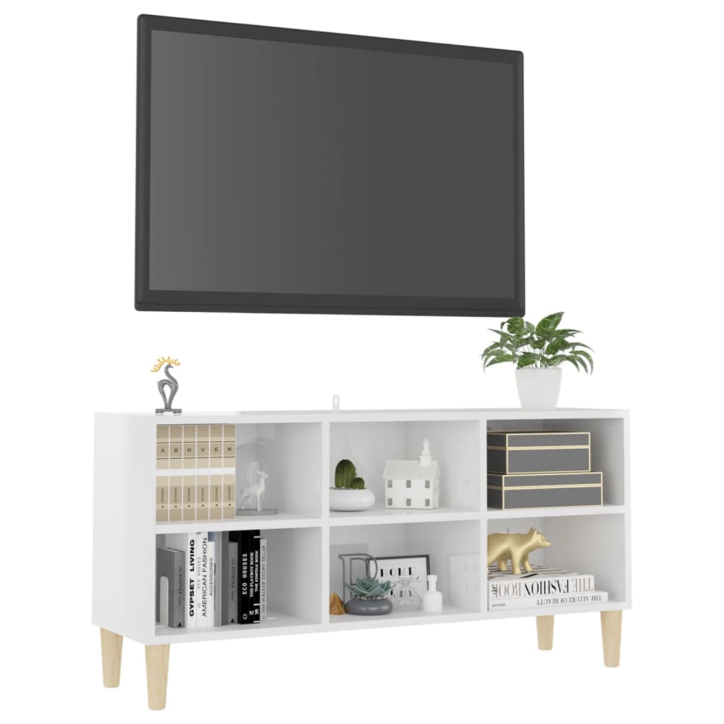 vidaXL Szafka TV z drewnianymi nóżkami, biała, połysk, 103,5x30x50 cm