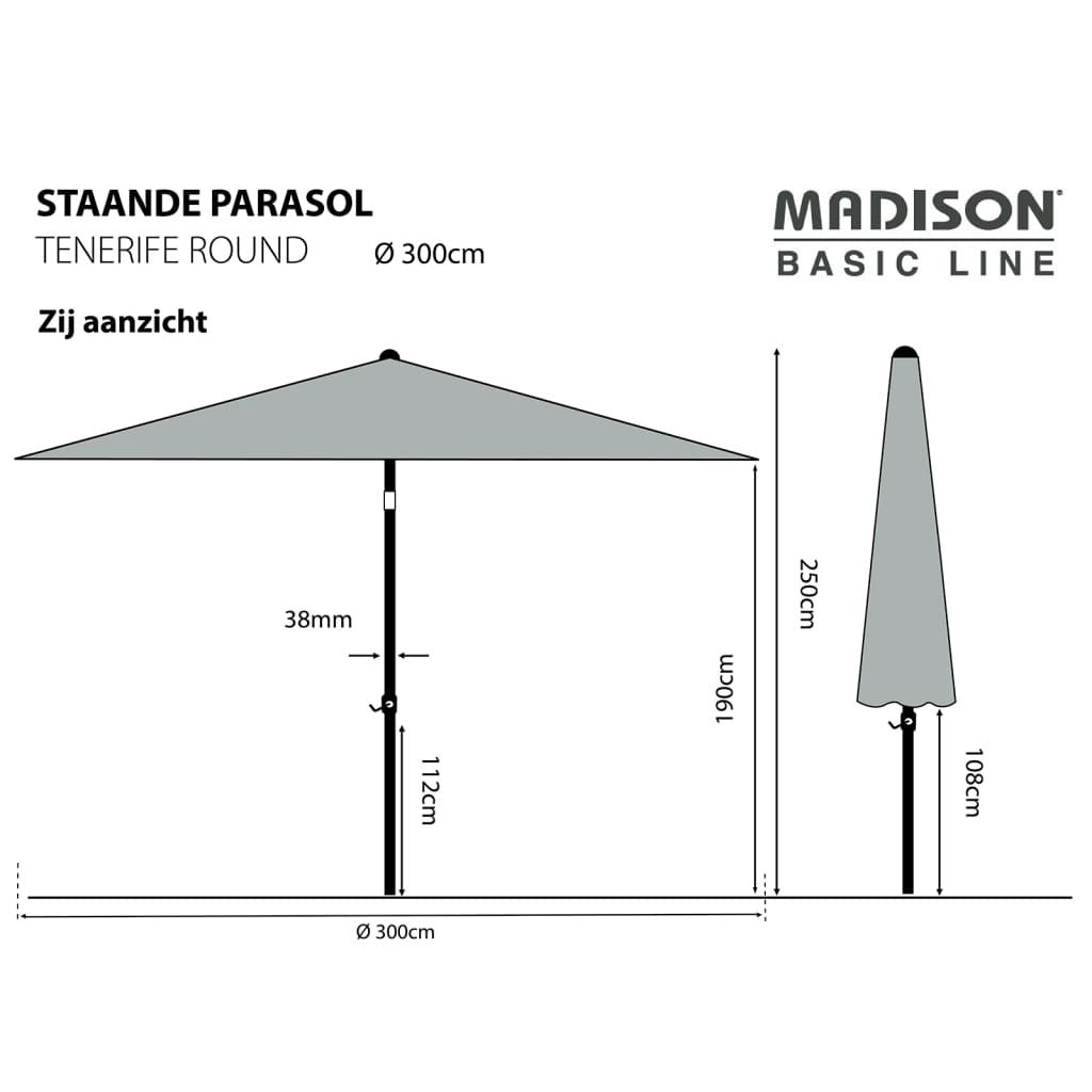 Madison Parasol Tenerife, 300 cm, okrągły, szary