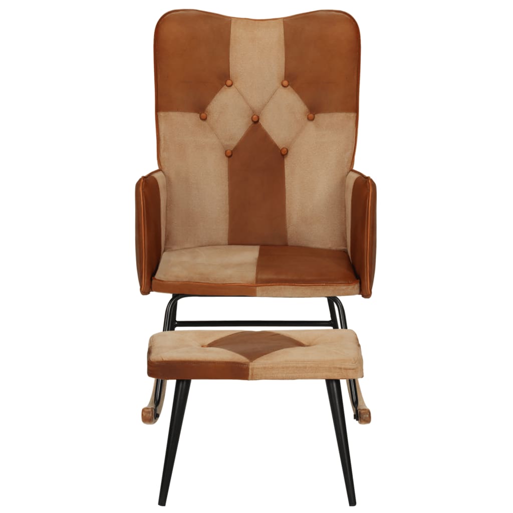 vidaXL Fotel bujany z podnóżkiem, brązowy, skóra naturalna i płótno