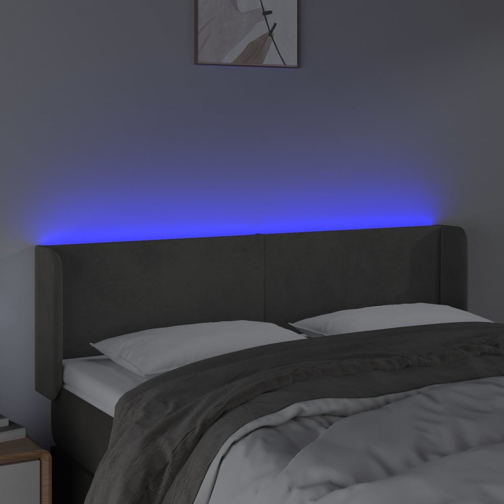 vidaXL Zagłówek do łóżka z LED, ciemnoszary, 147x16x78/88 cm, aksamit