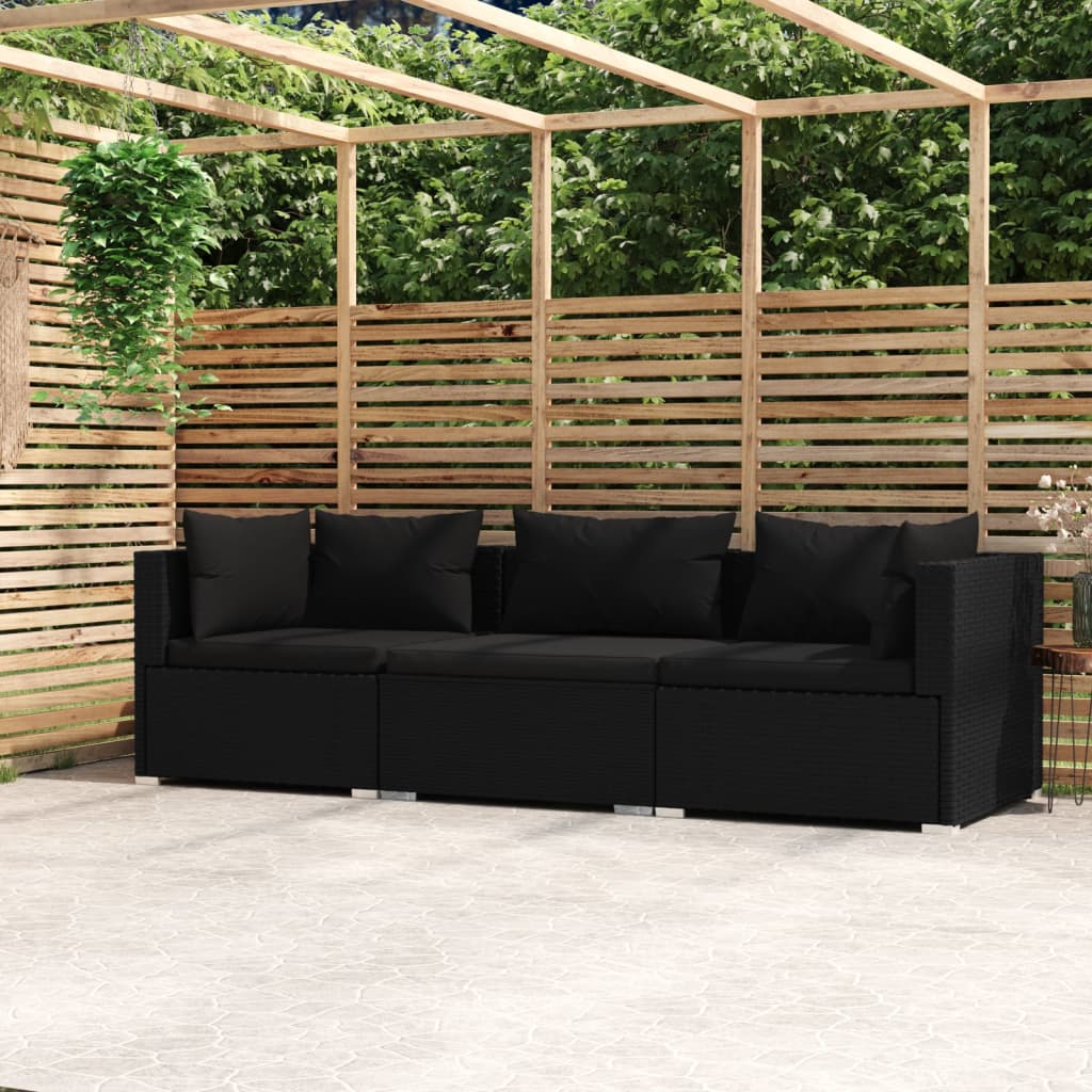 vidaXL 3-osobowa sofa z poduszkami, czarna, polirattan