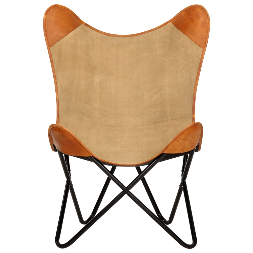 vidaXL Krzesło motyl, brązowe, skóra naturalna i płótno