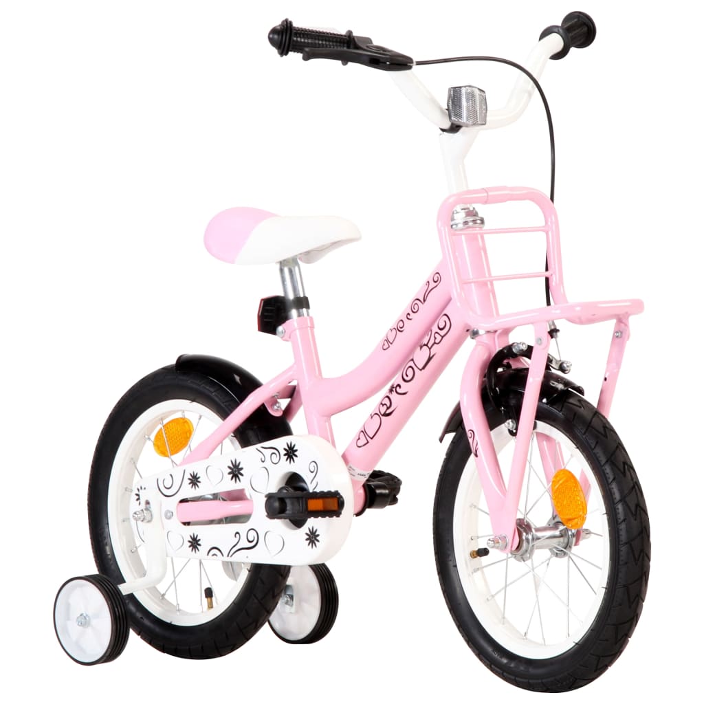 vidaXL Rower dla dzieci z bagażnikiem, 14 cali, biało-różowy