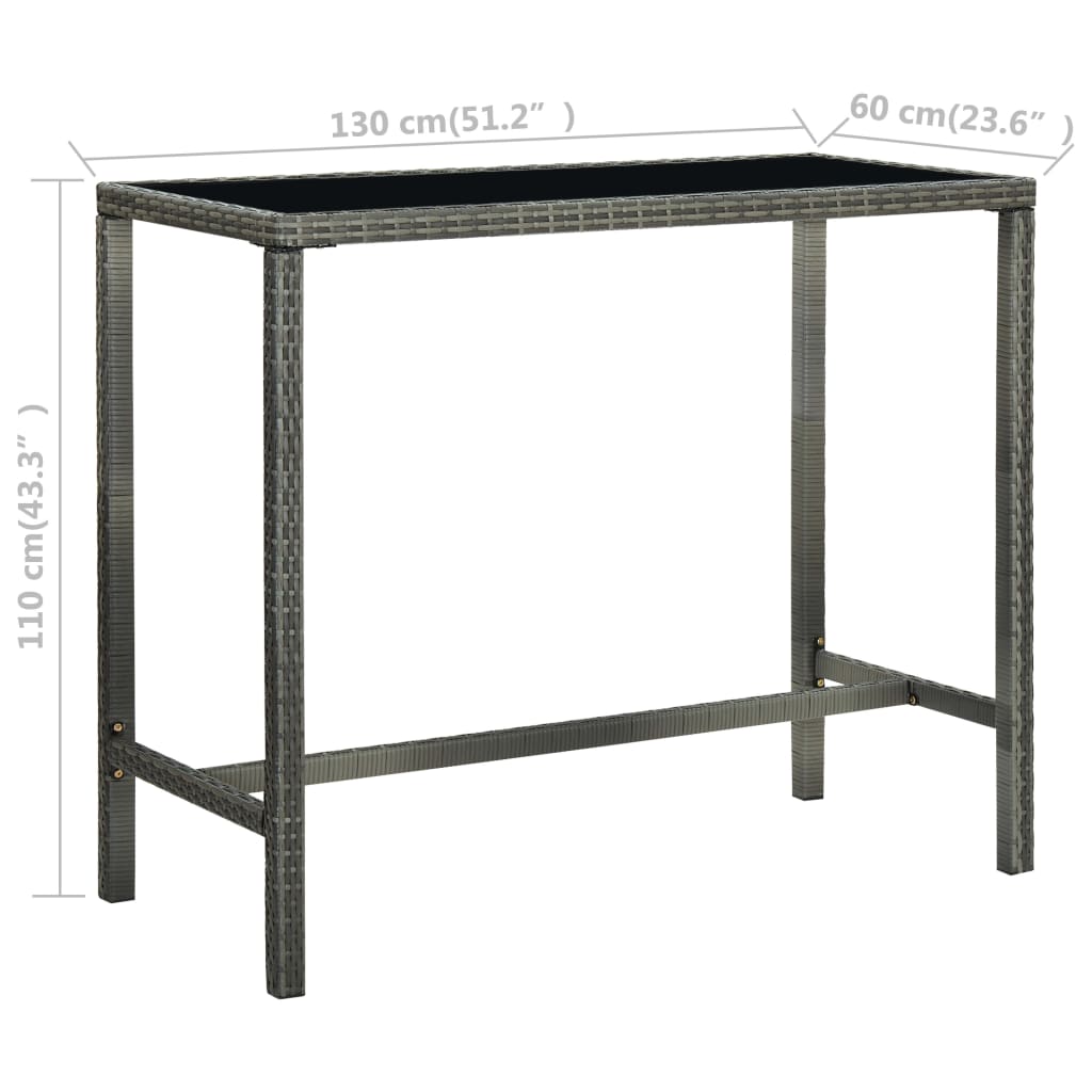 vidaXL Ogrodowy stolik barowy, szary 130x60x110 cm, polirattan i szkło