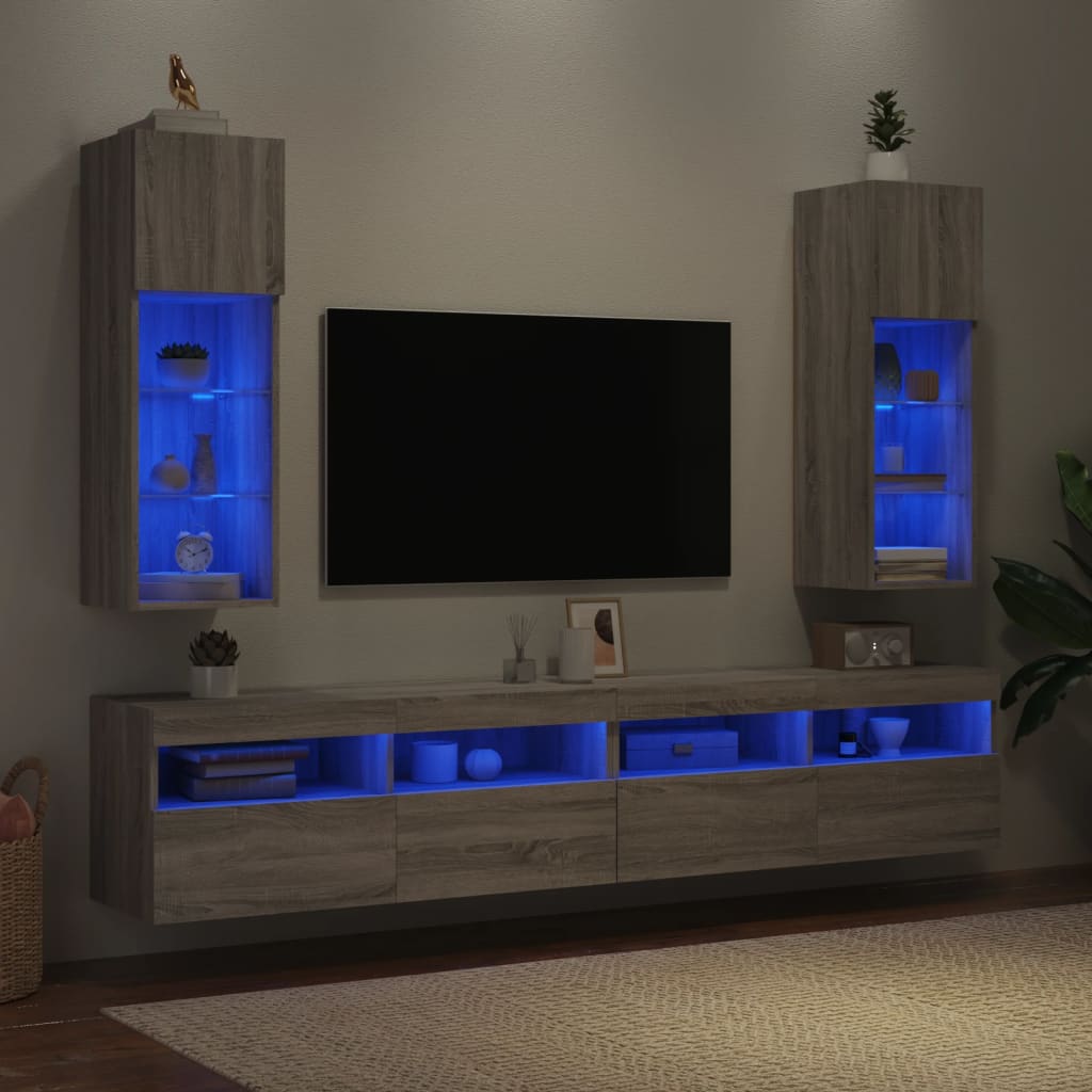 vidaXL Szafki TV, z LED, 2 szt., szary dąb sonoma, 30,5x30x90 cm