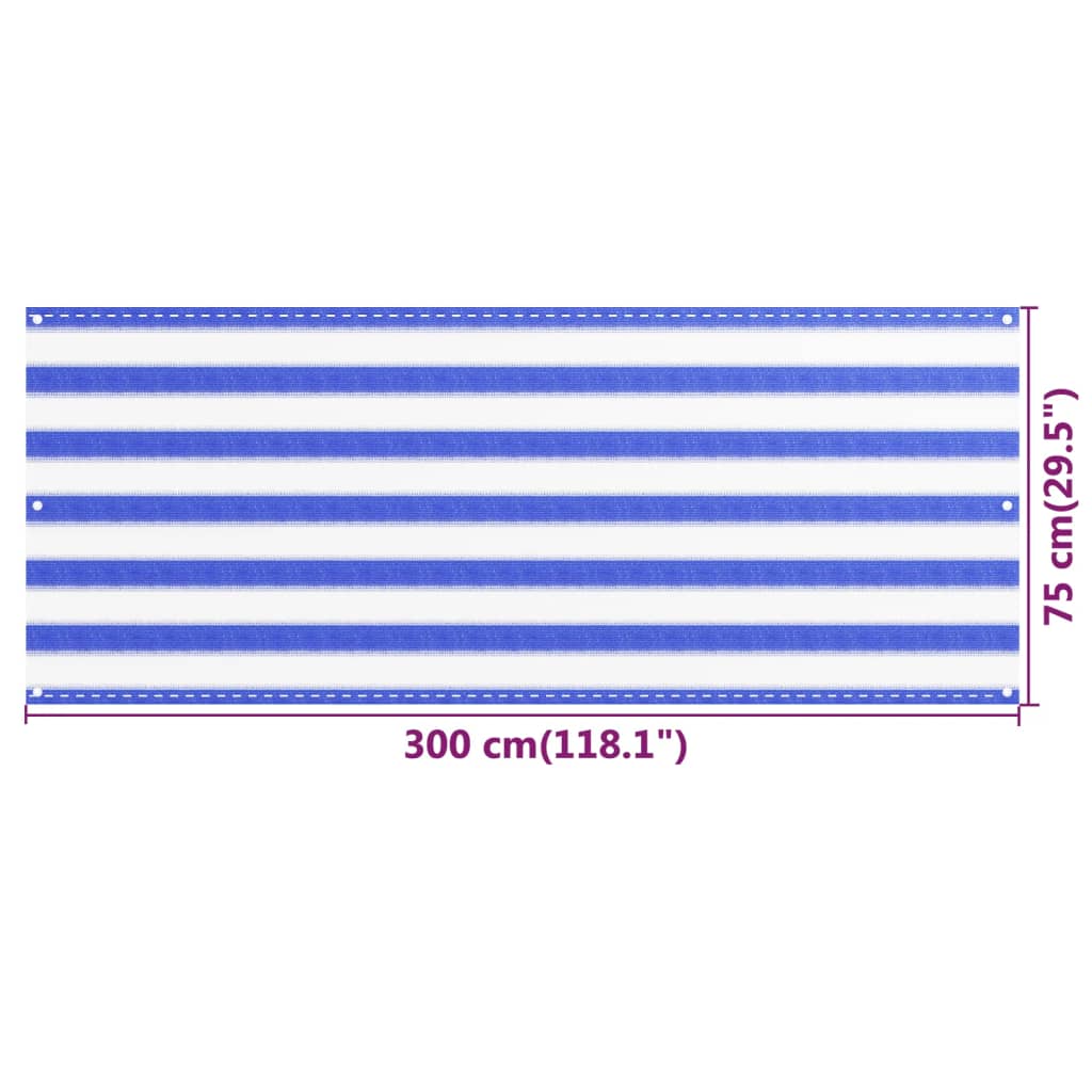 vidaXL Parawan balkonowy, niebiesko-biały, 75x300 cm, HDPE