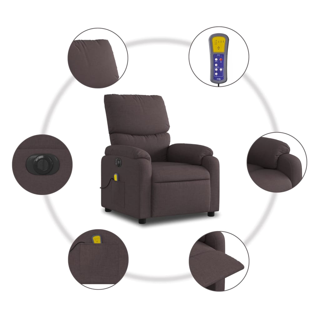 vidaXL Rozkładany fotel masujący, elektryczny, ciemny brąz, tkanina