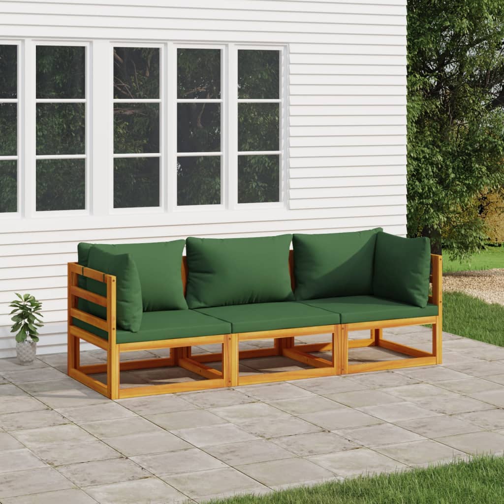 vidaXL 3-cz. ogrodowy zestaw wypoczynkowy, zielone poduszki, drewno