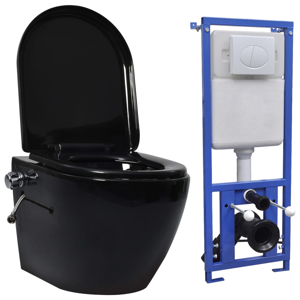 vidaXL Toaleta bezkołnierzowa ze spłuczką podtynkową, ceramika, czarna