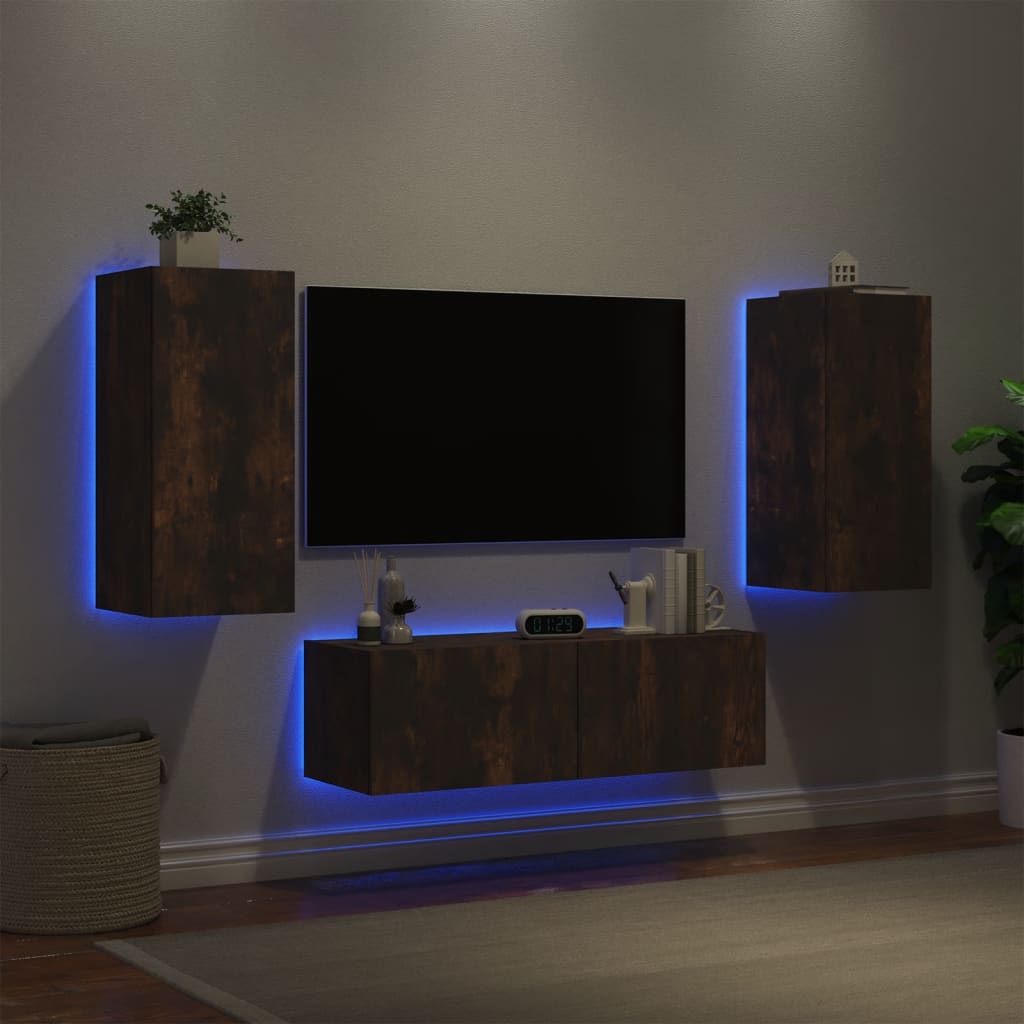 vidaXL 3-cz. zestaw mebli TV z oświetleniem LED, przydymiony dąb