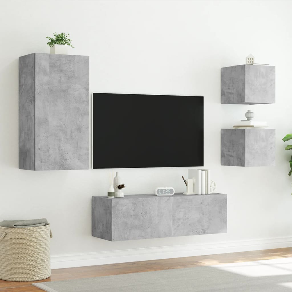 vidaXL 4-cz. zestaw ściennych mebli TV z LED, szarość betonu
