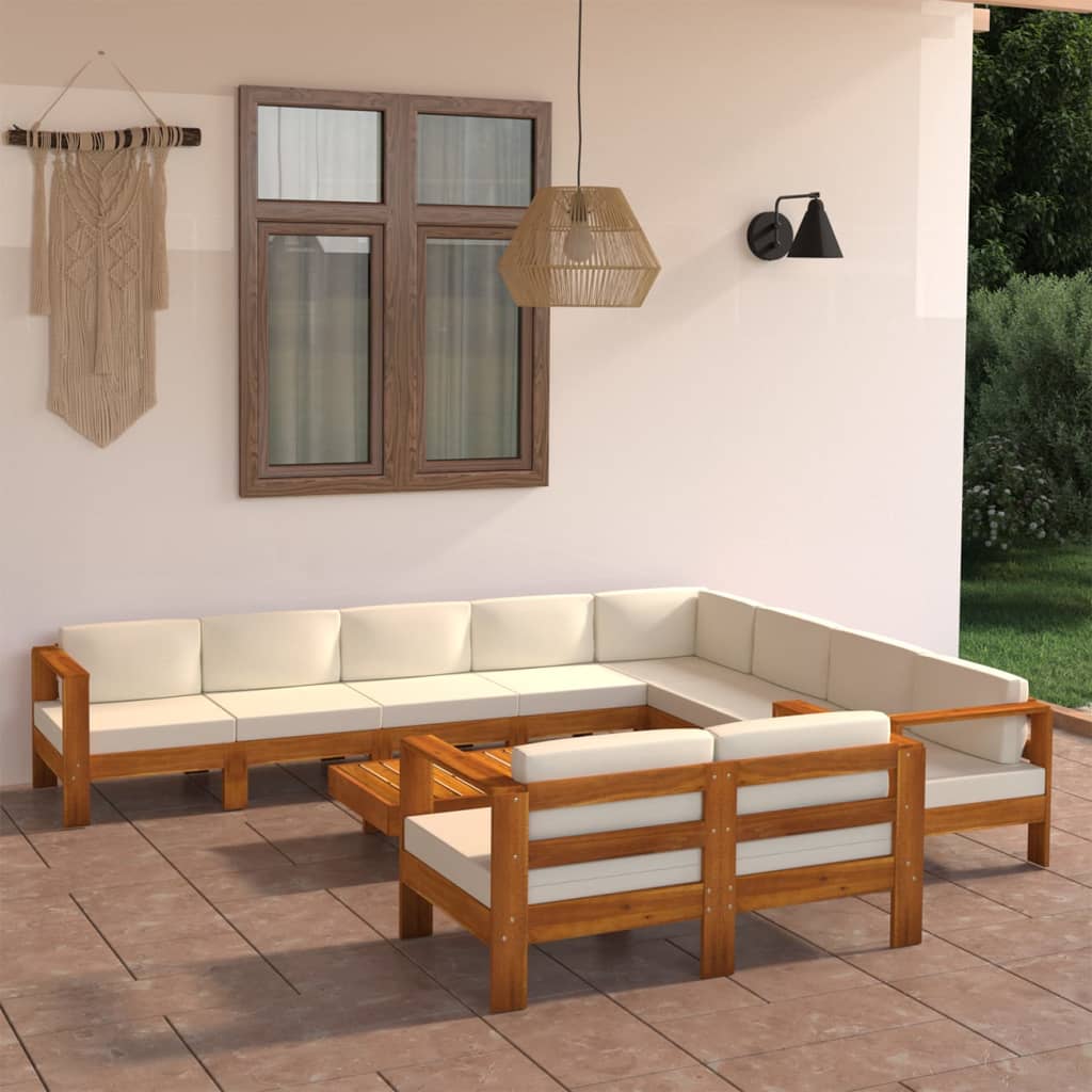 vidaXL 10-cz. zestaw wypoczynkowy do ogrodu, kremowe poduszki, akacja