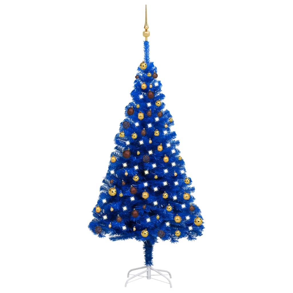 vidaXL Sztuczna choinka z lampkami i bombkami, niebieska, 180 cm, PVC