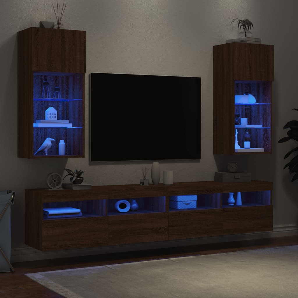 vidaXL Szafki TV, z LED, 2 szt., brązowy dąb, 40,5x30x90 cm