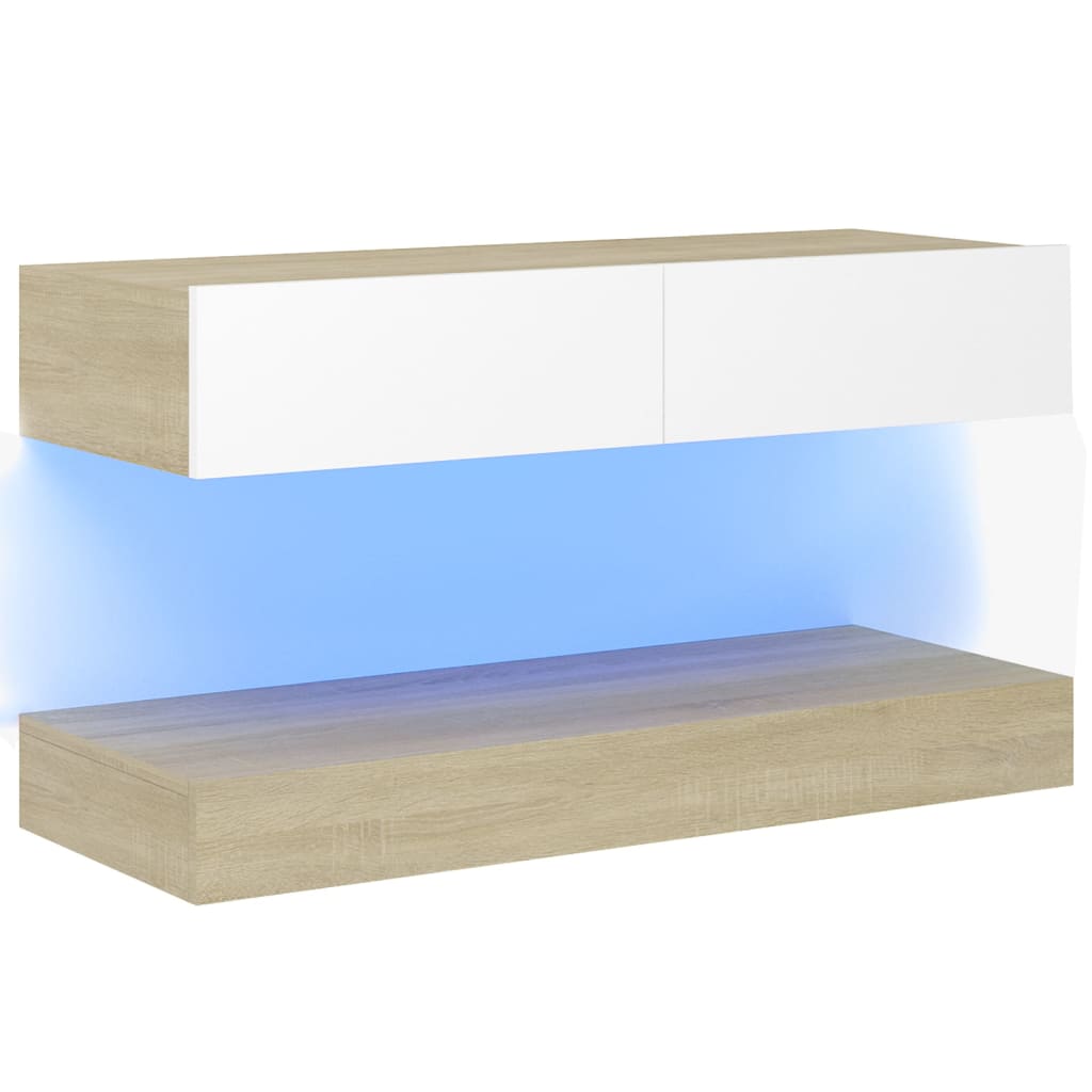 vidaXL Szafka pod TV z oświetleniem LED, biel i dąb sonoma, 90x35 cm