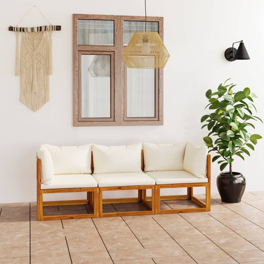vidaXL 3-osobowa sofa ogrodowa z kremowymi poduszkami, drewno akacjowe